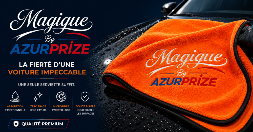 Serviette microfibre orange MAGIQUE by AZURPRIZE posée sur une voiture noire mouillée